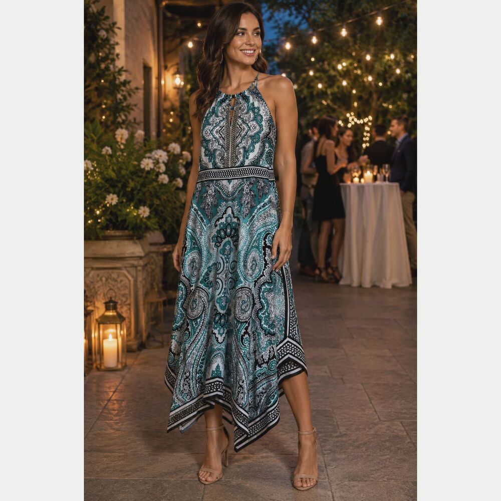 INC International Concepts Size M Paisley Beaded Handkerchief Hem Midi Dress #10